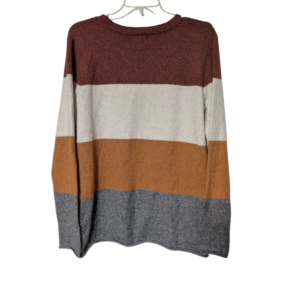 Pinque Cozy Color Block Crew Neck Sweater in Brown Cream Orange And Grey Large - Picture 2 of 7